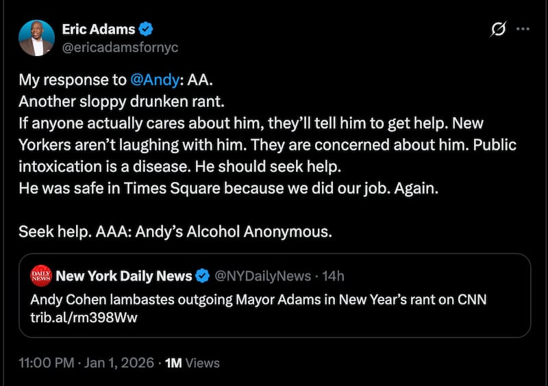 Eric Adams claps back at Andy Cohen's drunken NYE slight.