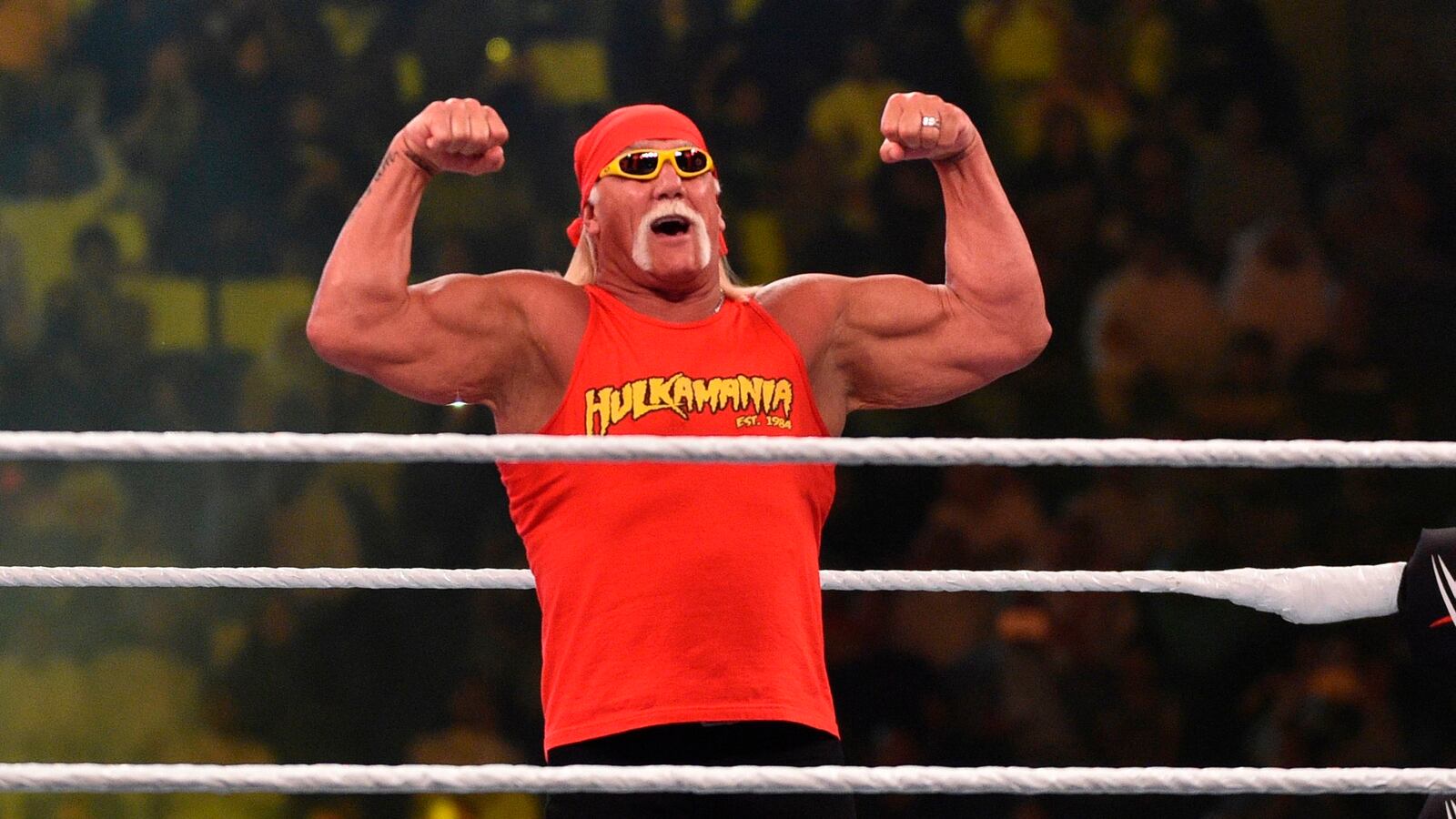 Wrestling legend Hulk Hogan greets the crowd during a World Wrestling Entertainment event.
