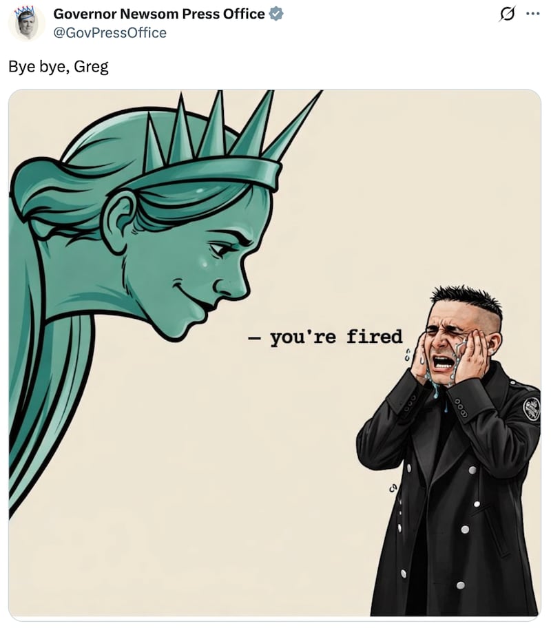 An AI-generated image depicting Bovino being fired by the Statue of Liberty.