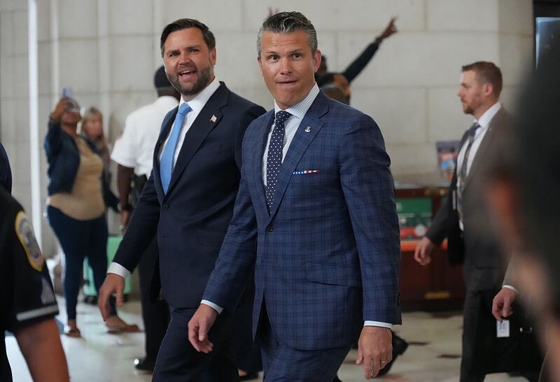 WASHINGTON, DC - AUGUST 20: U.S. Vice President JD Vance (L) and U.S. Defense Secretary Pete Hegseth depart Union Station after meeting with federal law enforcement officers on August 20, 2025 in Washington, DC. The Trump administration has deployed federal officers and the National Guard to the District in order to place the DC Metropolitan Police Department under federal control and assist in crime prevention in the nation's capital. (Photo by Kevin Dietsch/Getty Images)