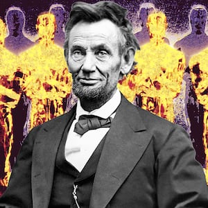 A photo illustration of Abraham Lincoln in front of Oscar statues.