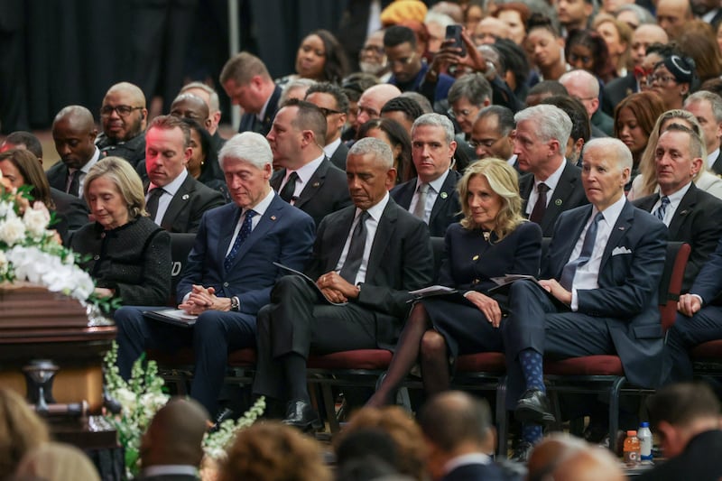 Former U.S. Presidents Joe Biden, Barack Obama and Bill Clinton, and former first ladies Jill Biden and Hillary Clinton, attend a memorial service to celebrate the life of the civil rights leader, Reverend Jesse Jackson, in Chicago, Illinois, U.S., March 6, 2026. REUTERS/Jim Vondruska