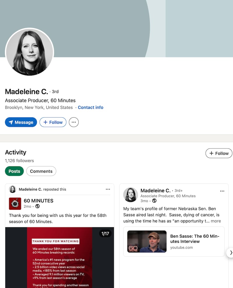 Stephen Colbert's daughter Madeleine shared her 60 Minutes history on LinkedIn.