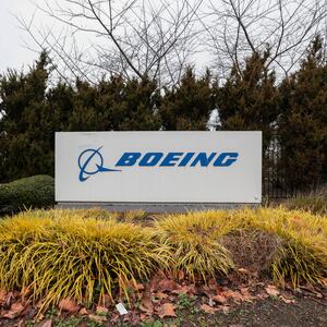 The Boeing logo is pictured as Boeing's 737 factory teams hold the first day of a "Quality Stand Down" for the 737 program at Boeing's factory in Renton, Washington on January 25, 2024. 