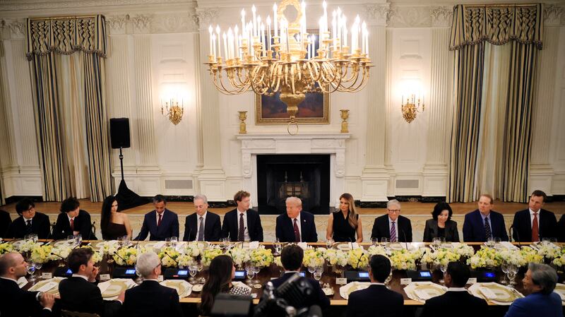 President Donald Trump and First Lady Melania Trump host a private dinner for technology and business leaders in the State Dining Room at the White House on September 4, 2025.