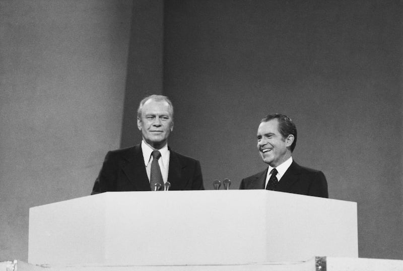 American politicians Gerald Ford (1913 – 2006) and Richard Nixon (1913 – 1994), 37th president of the United States, take the stand at the Republican National Convention, at the Miami Beach Convention Center in Miami Beach, Florida, US, 21-23rd August 1972. (Photo by Archive Photos/Getty Images)