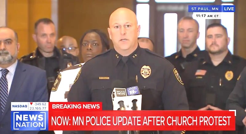 Brooklyn Park Police Chief Mark Bruley speaks to reporters about ICE in Minnesota.