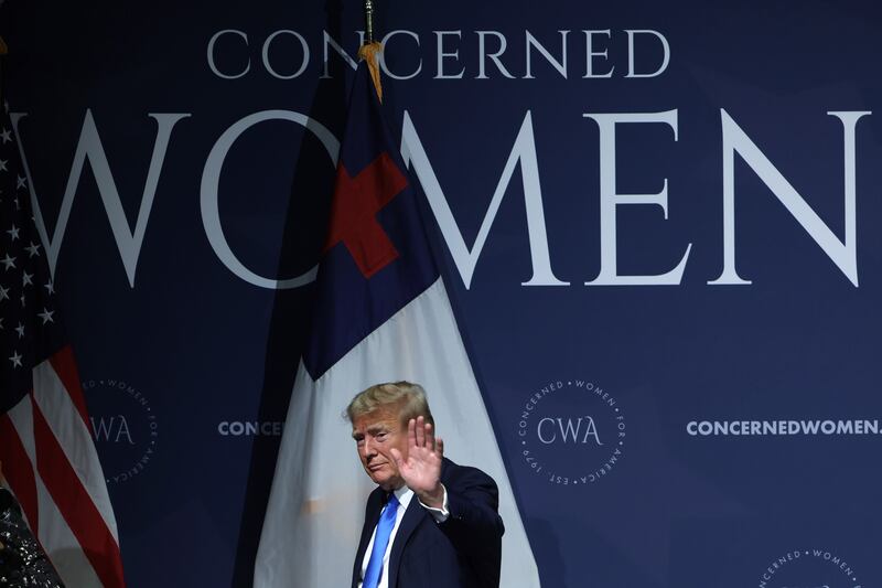 WASHINGTON, DC - SEPTEMBER 15: Former U.S. President Donald Trump waves after addressing the Concerned Women for America Legislative Action Committee (CWALAC) on September 15, 2023 in Washington, DC. Former President Trump and Republican U.S. presidential candidate and Florida Gov. Ron DeSantis are scheduled to deliver remarks to the committee’s two-day-long 2023 Leadership Summit today. (Photo by Alex Wong/Getty Images)