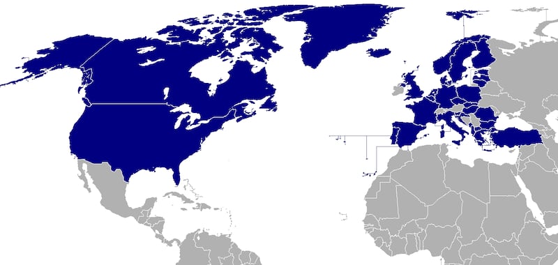 NATO is made up of the United States, Canada, and European countries. In total, there are 32 member countries.
