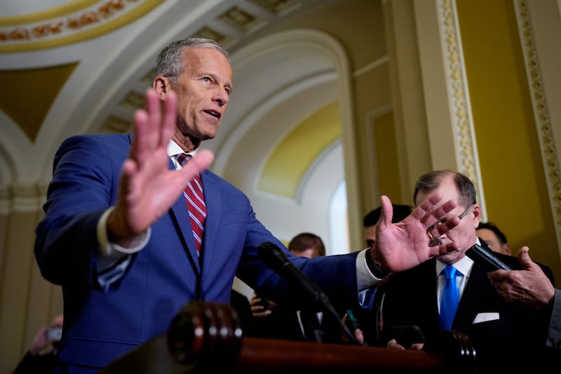 WASHINGTON, DC - JUNE 3: Senate Majority Leader John Thune (R-SD) speaks to reporters following a weekly Republican policy luncheon at the U.S. Capitol Building on June 3, 2025 in Washington, DC. Elon Musk took to social media to condemn U.S. President Donald Trump's "One, Big, Beautiful Bill" Act, which was passed by the House of Representatives and is now under consideration in the Senate, calling it a "disgusting abomination." (Photo by Andrew Harnik/Getty Images)