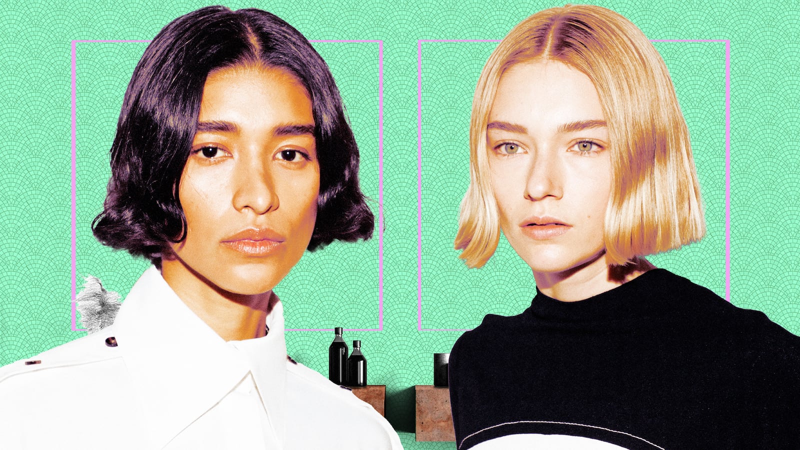 A photo illustration of of two people and dark and blonde hair for a Looker dandruff story.