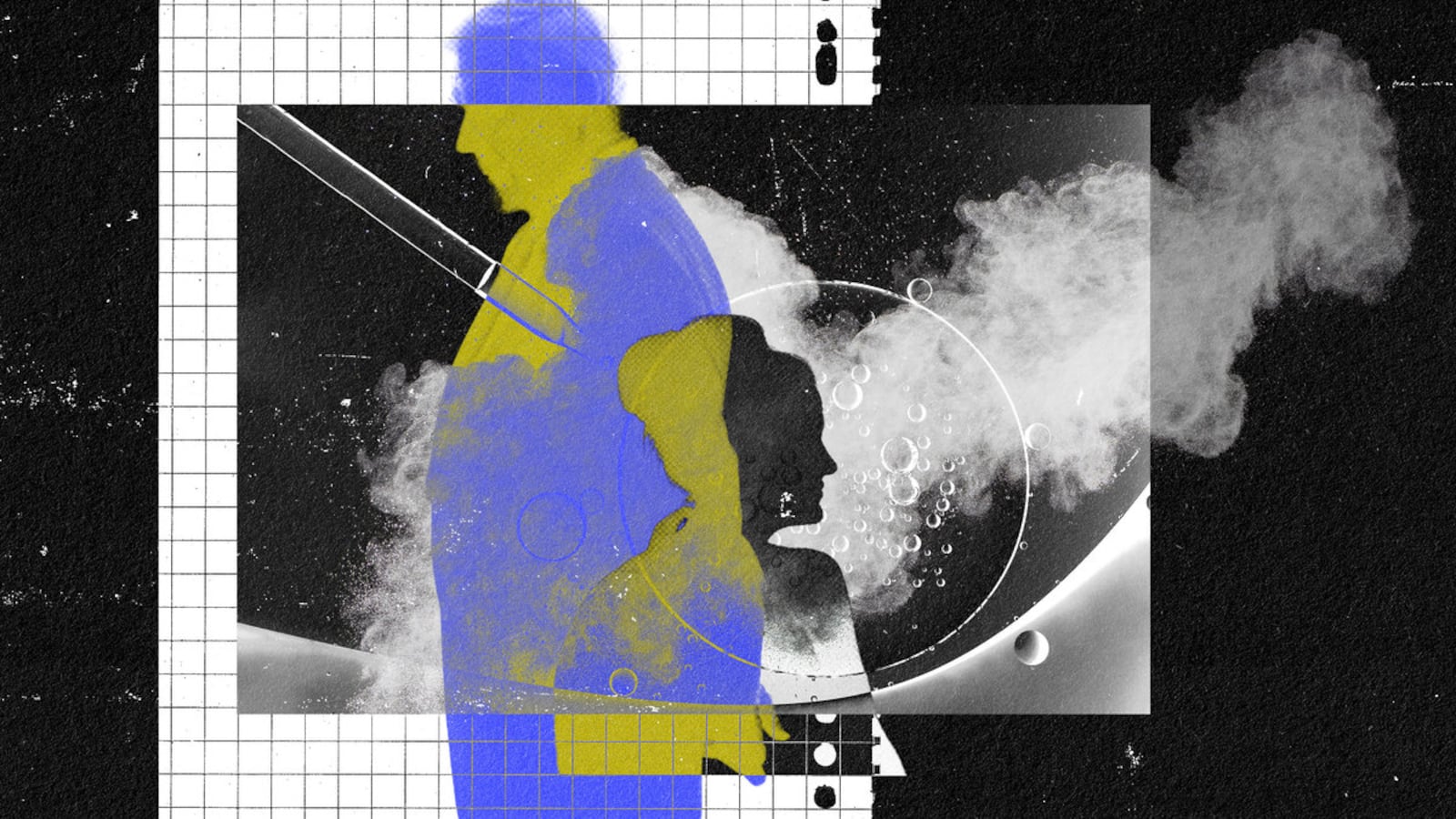 A photo illustration with the silhouette of a woman and older man overlaying a picture of fertility treatment and smoke