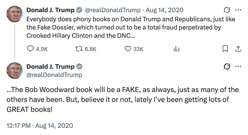 President Donald Trump repeatedly took to Twitter to slam Bob Woodward’s reporting that painted him in a poor light.