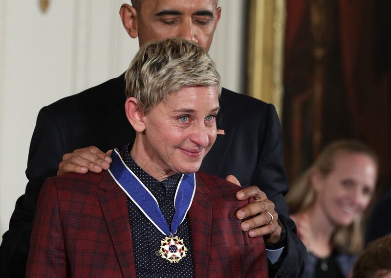 Then-President Barack Obama presents the Presidential Medal of Freedom to Ellen DeGeneres in 2016.