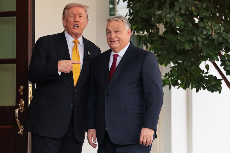 President Donald Trump greets Hungary's Prime Minister Viktor Orban at the White House in Washington, D.C., U.S., November 7, 2025.
