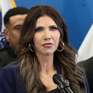 NEW YORK, NEW YORK - JANUARY 08: U.S. Secretary of Homeland Security Kristi Noem speaks during a press conference addressing the capture of suspects involved in the July 2025 shooting of an off-duty U.S. Customs and Border Protection Officer in Fort Washington Park, at One World Trade Center on January 08, 2026 in New York City. Following yesterday's fatal shooting of a woman by an ICE agent during a confrontation in Minneapolis, Noem addressed the Trump administration's ongoing immigration enforcement efforts in New York City.  (Photo by Michael M. Santiago/Getty Images)