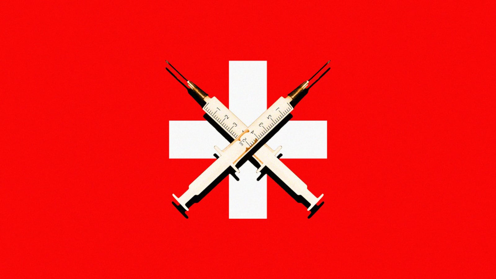 A photo illustration showing a red hopsital emergency sign, with two vaccine doses forming an x over the hospital sign.