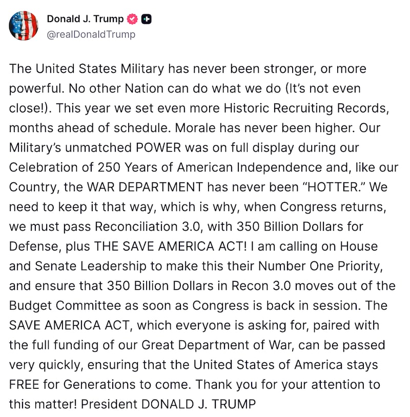 Screenshot of Trump’s Truth Social post.