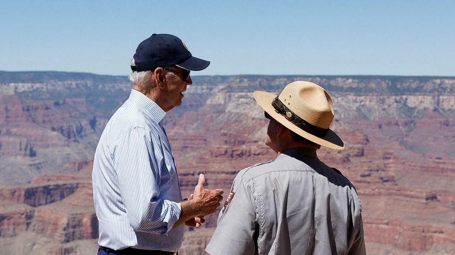 A picture of U.S. President Joe Biden speaking with Ed Keable, superintendent of Grand Canyon National Park in Grand Canyon, Arizona. Biden falsely claimed in an interview with The Weather Channel that he has declared a climate national emergency.