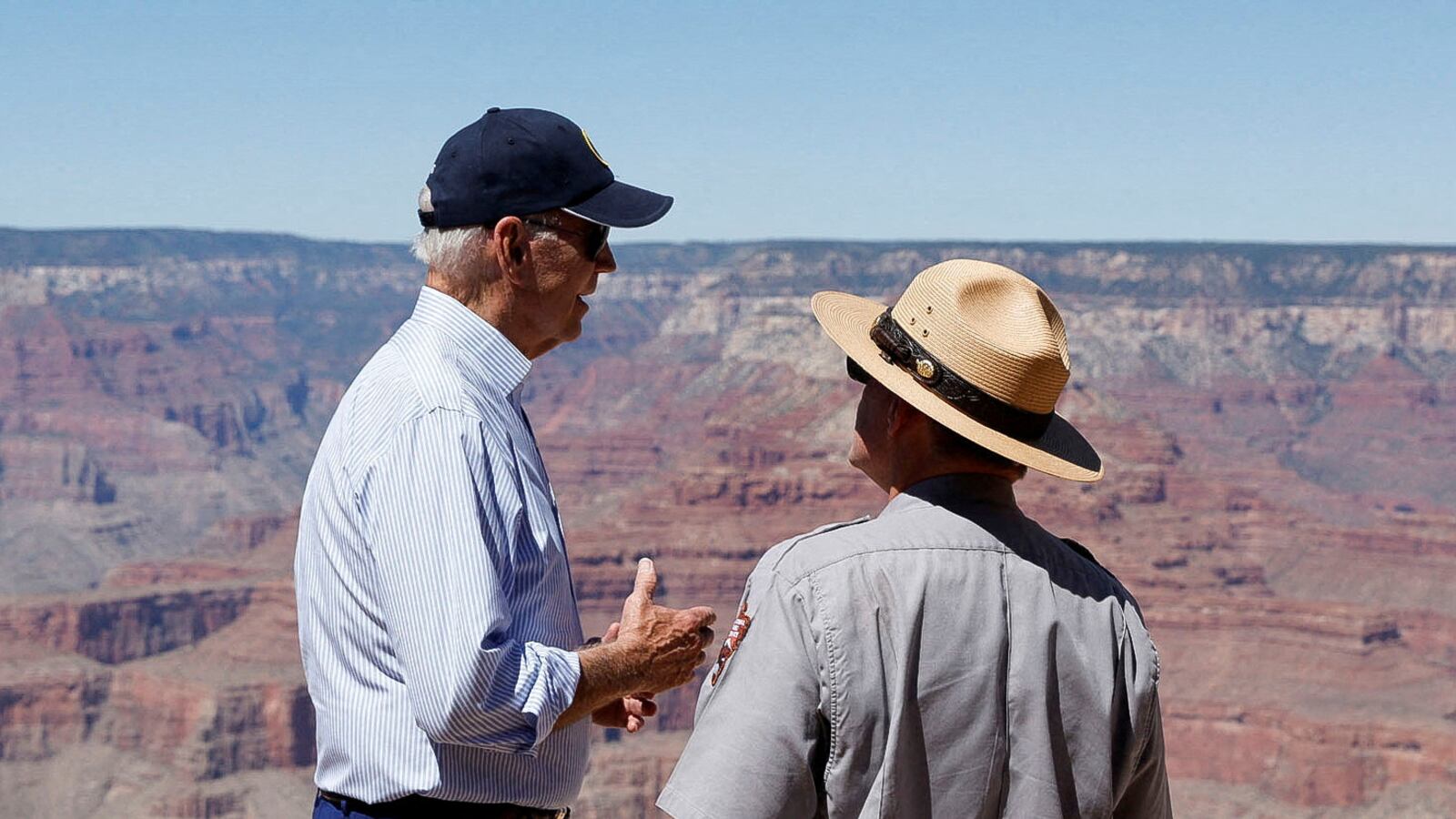 A picture of U.S. President Joe Biden speaking with Ed Keable, superintendent of Grand Canyon National Park in Grand Canyon, Arizona. Biden falsely claimed in an interview with The Weather Channel that he has declared a climate national emergency.