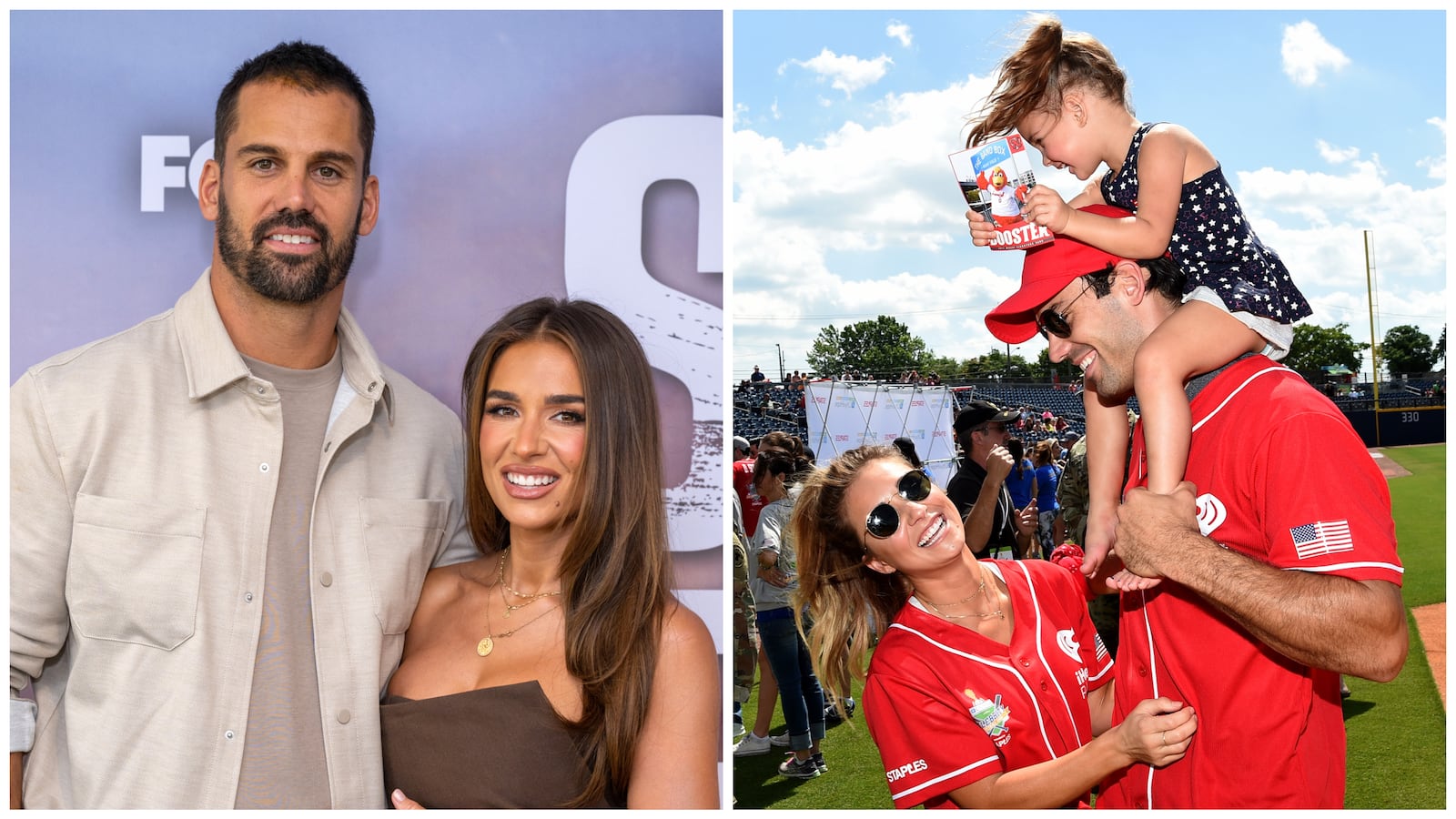 L: Eric Decker and Jessie James Decker on the red carpet; R: Jessie James Decker and Eric Decker at a baseball game in 2017.