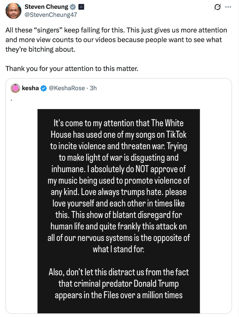 Steven Cheung claps back to Kesha on behalf of the White House.