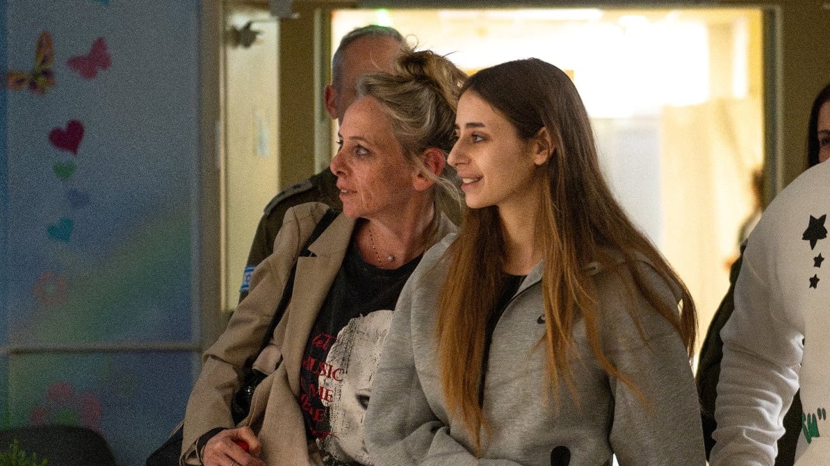Mia Schem, 21, reunites with her family following her release after being held hostage by the Palestinian militant group Hamas in the Gaza Strip, at Sheba Medical Center in Ramat Gan, Israel