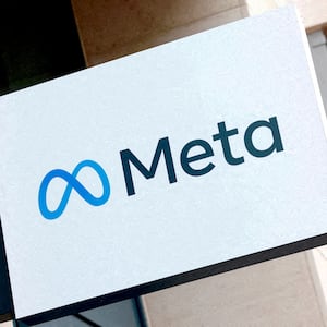 The logo of Meta Platforms' business group is seen in Brussels.