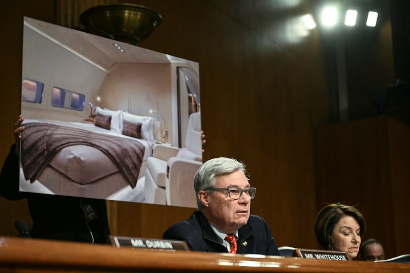 Democratic Senator Sheldon Whitehouse questions Homeland Security Secretary Kristi Noem about a luxury aircraft Noem used for travel with a bedroom during a Senate Judiciary Committee hearing on oversight of the Department of Homeland Security, on Capitol Hill in Washington, DC on March 3, 2026.