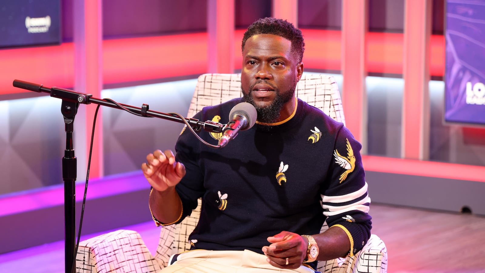 Kevin Hart is seen during the live taping of SiriusXM's ‘Gold Minds With Kevin Hart’ at the SirusXM Miami studio on September 13, 2023 in Miami Beach, Florida.