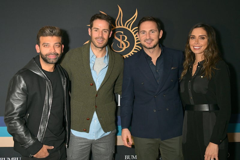 LONDON, ENGLAND - OCTOBER 24: (L-R) Amit Bhatia, Jamie Redknapp, Frank Lampard and Christine Lampard attend the launch of Jamie Redknapp's fashion venture, Sandbanks, at Yopo, The Mandrake Hotel on October 24, 2019 in London, England. (Photo by David M. Benett/Dave Benett/Getty Images for S Creative PR)