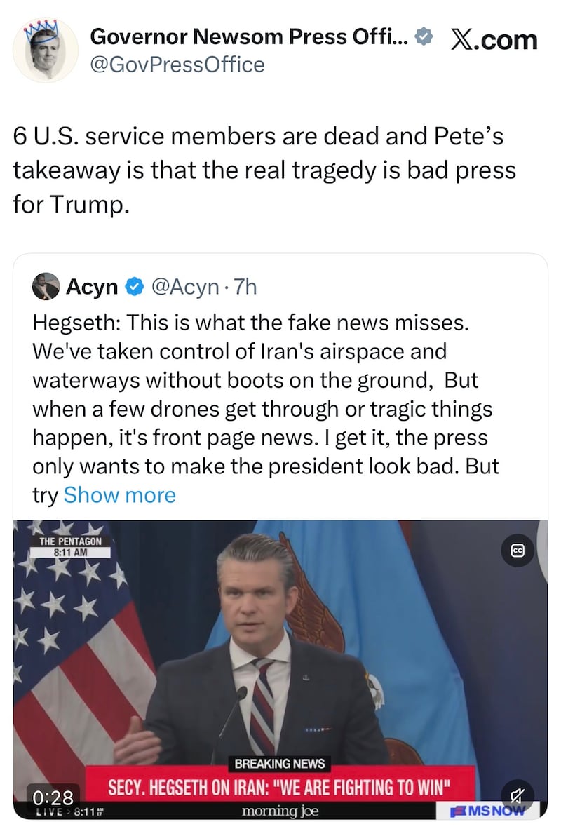 Gavin Newsom tweet Pete Hegseth