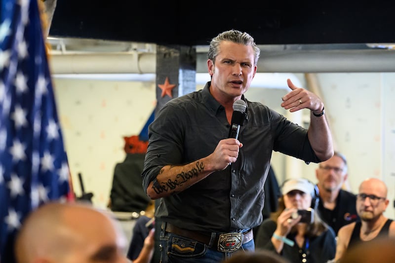 Secretary of War Pete Hegseth appears onstage at a campaign event for Republican candidate for Iowa's 3rd Congressional District Zach Nunn on day five of the Iowa State Fair on August 17, 2026 in Des Moines, Iowa.