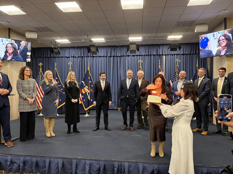 Lori Chavez-DeRemer blew out candles on a cake during a Labor Department party on her birthday in April 2025.