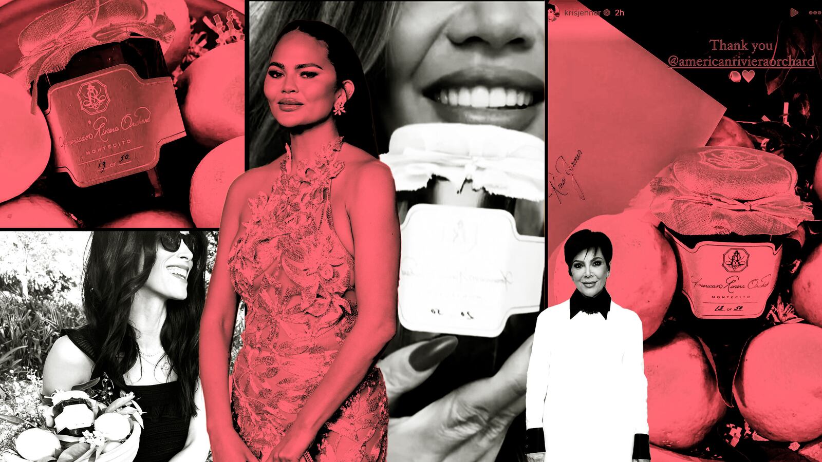 A photo illustration of images of Chrissy Teigan and Kris Jenner with American Riviera Orchard jam