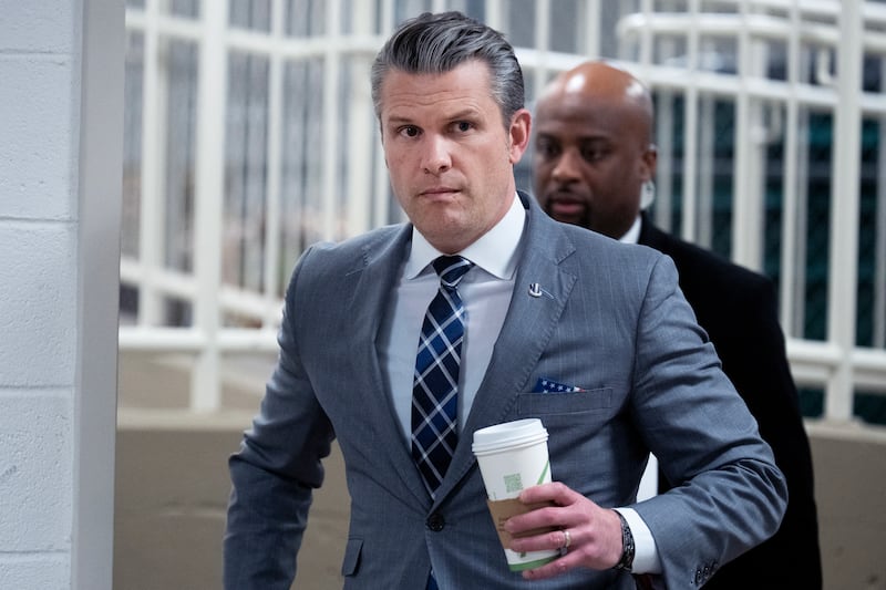 Defense Secretary Pete Hegseth arrives to the U.S. Capitol to brief senators on the military action against Iran on Tuesday.