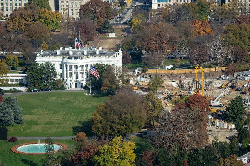 Construction crews continue to remove the East Wing of the White House and prepare for the new ballroom construction as seen from the newly reopened Washington Monument on November 14, 2025 in Washington, DC.