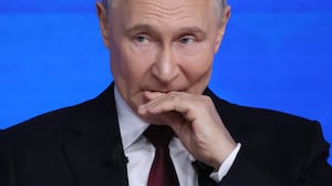 Russian President Vladimir Putin gestures during his annual joint call-in-show and press conference, on Dec. 19, 2025 in Moscow, Russia.