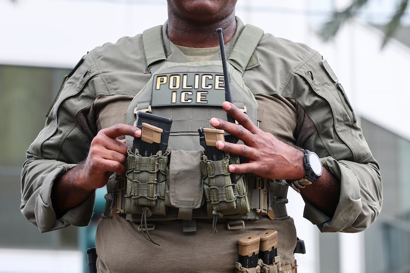 NEW ORLEANS, LOUISIANA - FEBRUARY 08: An U.S. Immigration and Customs Enforcement's (ICE) personnel provides security in the French Quarter provides security in the French Quarter prior to Super Bowl LIX on February 08, 2025 in New Orleans, Louisiana. In the weeks following the Bourbon Street attack, security concerns have been heightened prior to the Super Bowl where the Kansas City Chiefs will face the Philadelphia Eagles.
