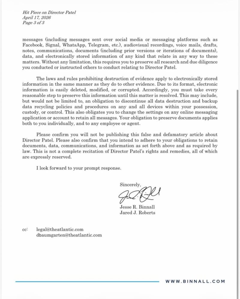 Letter to The Atlantic about their Kash Patel story.