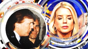 Photo collage composite of Pam Bondi and Donald Trump with Jeffrey Epstein