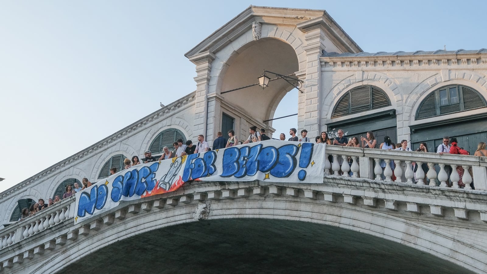 'No Space for Bezos' banner