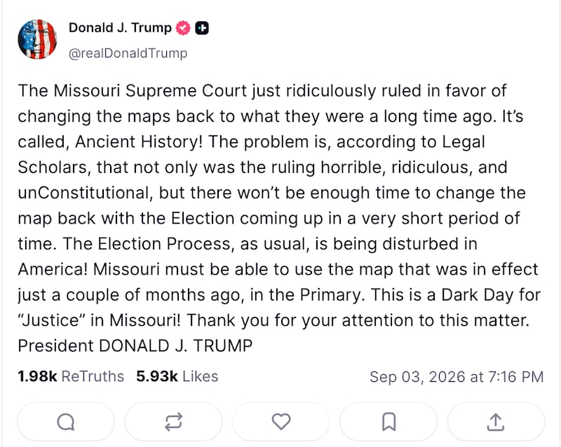 Trump disagreed with the Missouri Supreme Court's ruling, complaining without any irony that the election process in the country "is being disturbed."