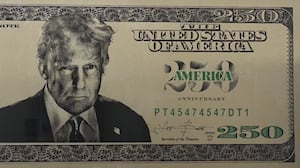 A mock-up design of a proposed $250 bill featuring the president’s face and signature