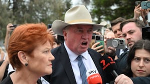 SYDNEY, AUSTRALIA - DECEMBER 16: Pauline Hanson leader of One Nation with member for New England, Barnaby Joyce as they lay flowers at the memorial next to Bondi Pavilion at Bondi Beach on December 16, 2025 in Sydney, Australia. Police say at least 15 people and one suspected gunman were killed and more than a dozen others injured when two attackers opened fire near a Hanukkah celebration at the world-famous Bondi Beach, in what authorities have declared a terrorist incident. (Photo by James D. Morgan/Getty Images)