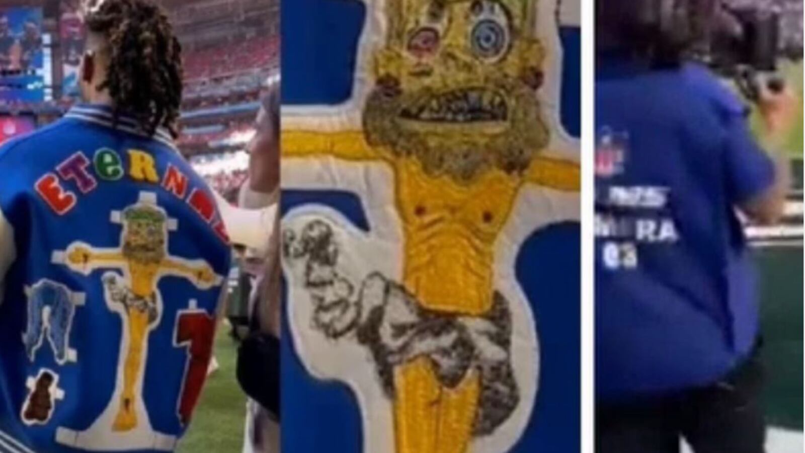 Photos of the jacket showing a cartoon crucifixion of Jesus