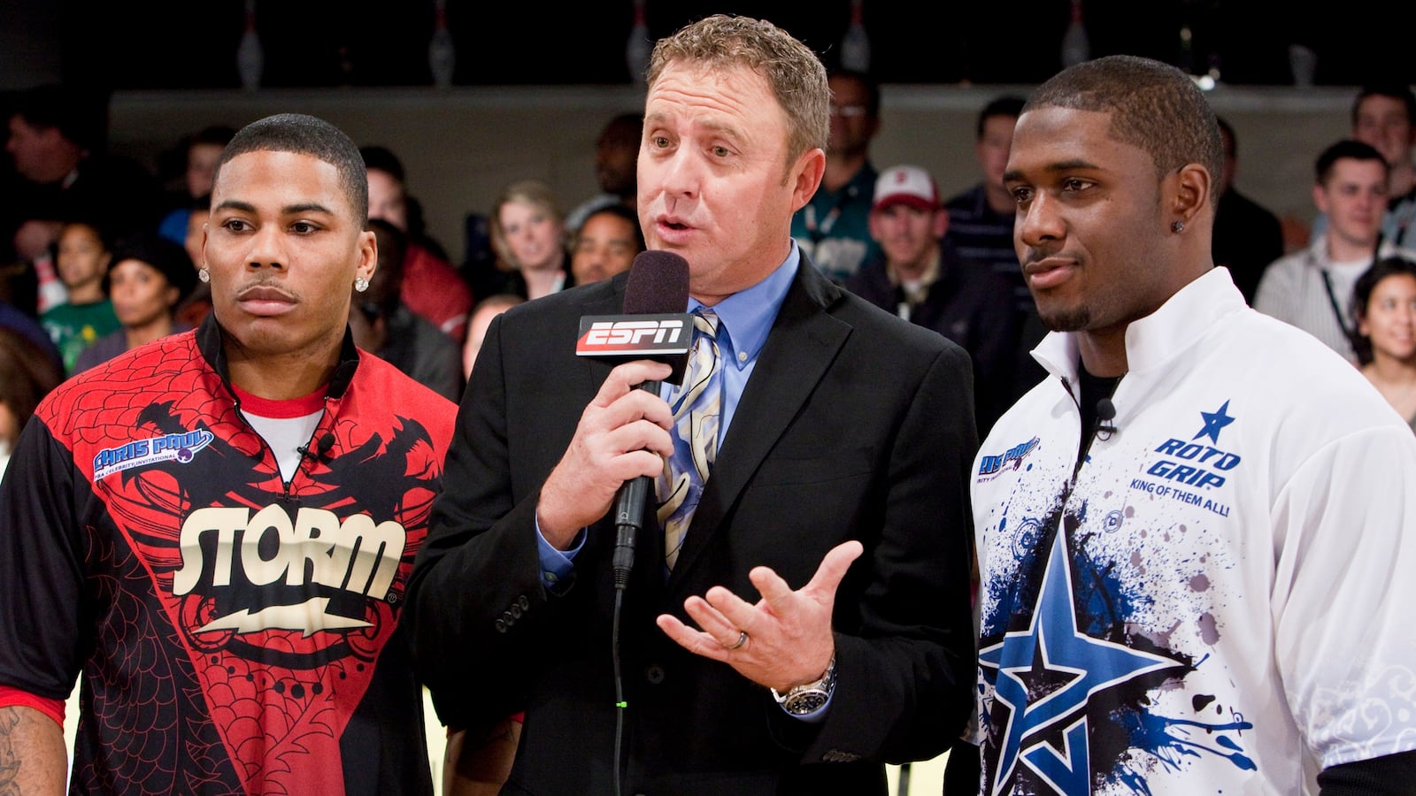 Entertainer Nelly, ESPN host Randy Pederson, and New Orleans Saints running back Reggie Bush at the 2010 PBA Chris Paul Celebrity Bowling Invitational at Riverboat Lanes.