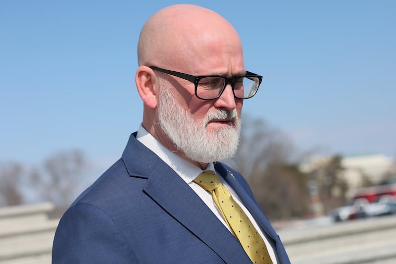 Rep. Derrick Van Orden speaks with reporters outside of the US Capitol on February 11, 2026, in Washington, DC.