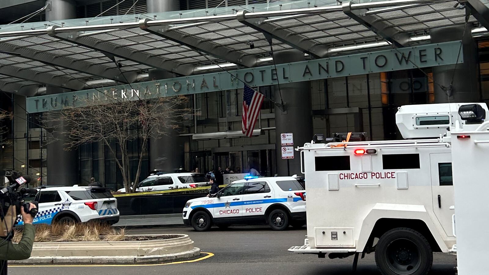 A view shows Chicago Police vehicles outside the Trump International Hotel and Tower in Chicago, Illinois.
