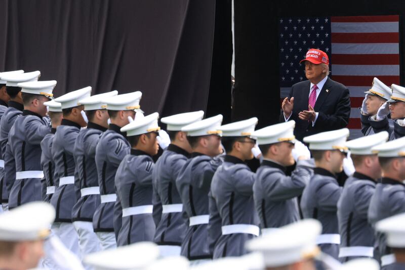 US President Donald Trump arrives to deliver the commencement address at the 2025 graduation ceremony at the US Military Academy West Point on May 24, 2025, in West Point, New York. (Photo by CHARLY TRIBALLEAU / AFP) (Photo by CHARLY TRIBALLEAU/AFP via Getty Images)